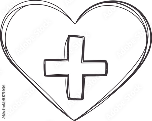 Hand drawn heart shape with medical cross symbol health care
