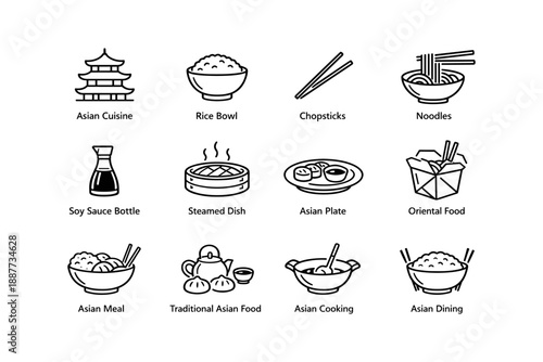 Asian culinary icons: rice bowl, chopsticks, noodles, soy sauce, traditional dishes