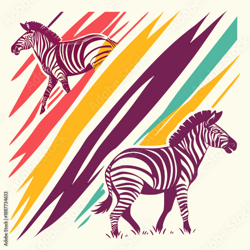 Two zebras in a colorful landscape