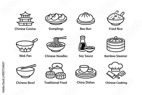 Icons of chinese cuisine: dumplings, bao bun, fried rice, and more