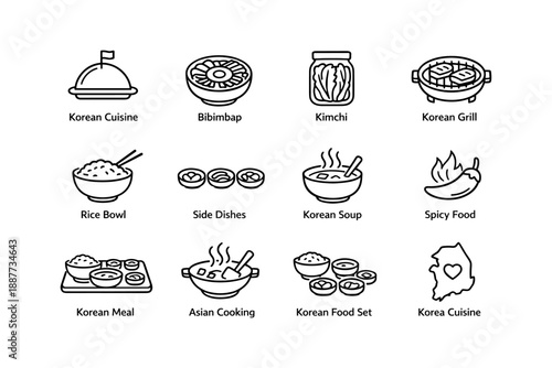 Korean cuisine icons including bibimbap, kimchi, korean grill, and more