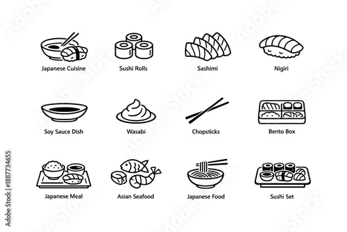 Japanese cuisine icons: sushi, sashimi, wasabi, chopsticks, bento box