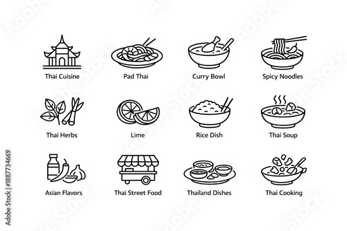 Icons of thai cuisine: pad thai, curry, spicy noodles, herbs, lime, rice, soup, asian flavors