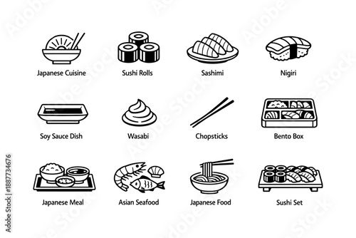 Japanese cuisine icons: sushi, sashimi, wasabi, and more in black and white