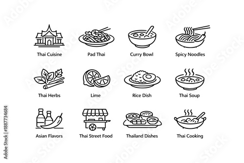 Thai cuisine icons: pad thai, curry, spicy noodles, herbs, lime, rice, street food