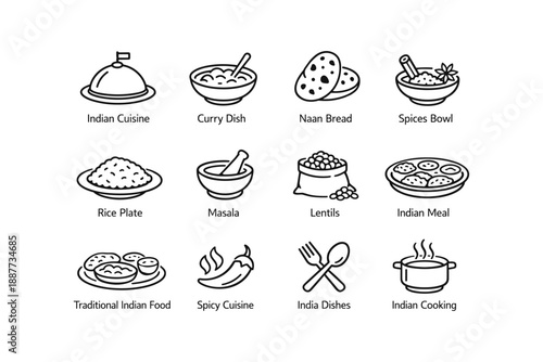 Icon set depicting traditional indian cuisine and cooking elements