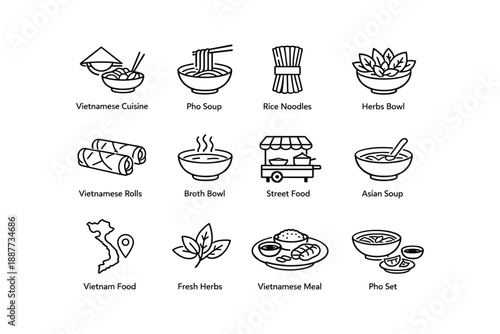 Vietnamese cuisine icons featuring pho, rice noodles, herbs, vietnamese rolls, and street food