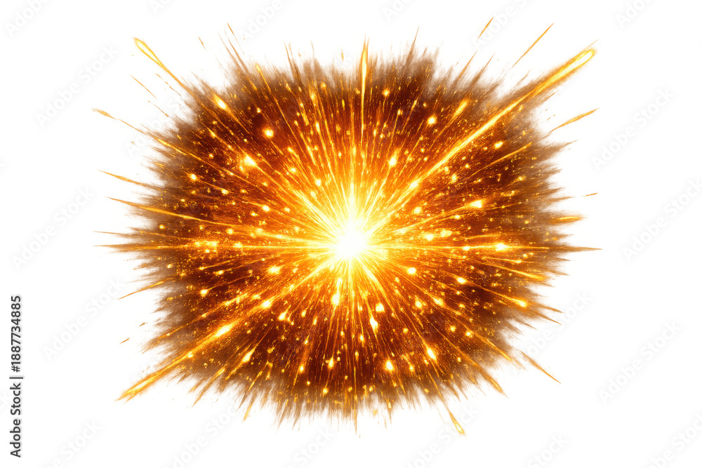 Obraz premium Bursting golden sparks radiating from central light source creating a fiery explosion effect on transparent background
