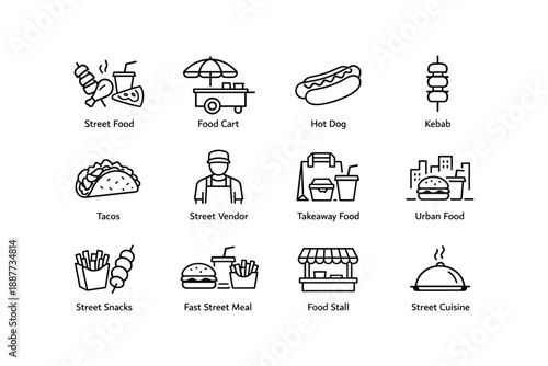 Street food icons: hot dog, kebab, tacos, vendor, fast snacks, urban cuisine