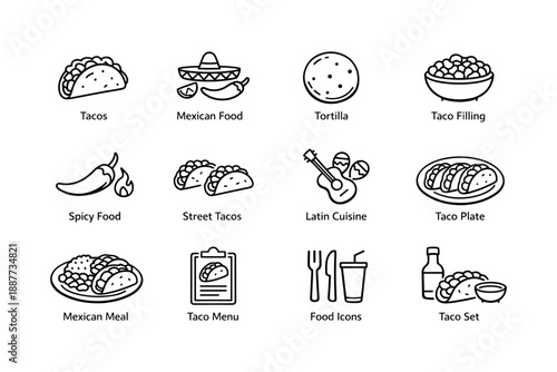 Mexican food icons collection featuring tacos, tortilla, and latin cuisine elements
