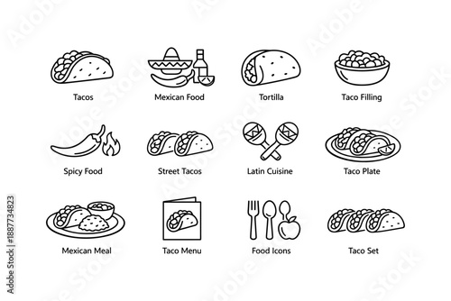 Mexican cuisine icons featuring tacos, tortillas, mexican meals, and spicy food elements