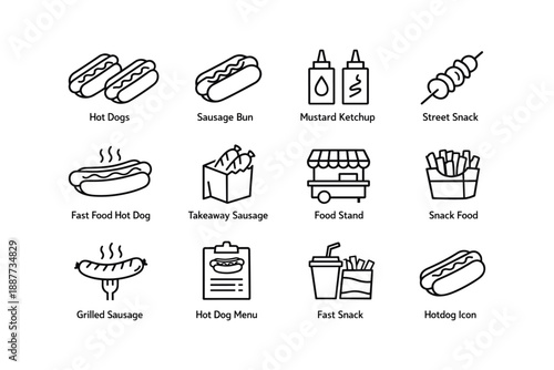 Fast food icons: hot dogs, sausages, snacks, street food, drinks