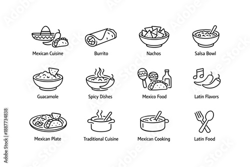 Icons of mexican cuisine: burrito, nachos, guacamole, and more