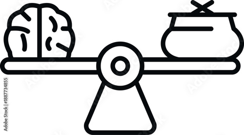 Brain and money bag balancing on a scale illustrating a choice or comparison