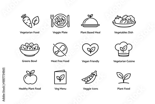 Vegetarian food line icons including veggie plate and vegan friendly symbols