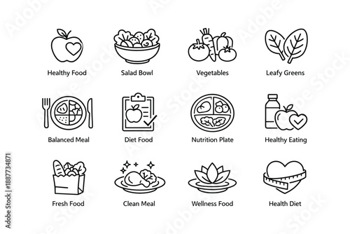 Healthy food icons: balanced diet, nutrition, and wellness symbols