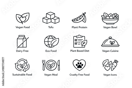 Vegan food icons: tofu, plant protein, dairy free, eco friendly, vegan cuisine collection