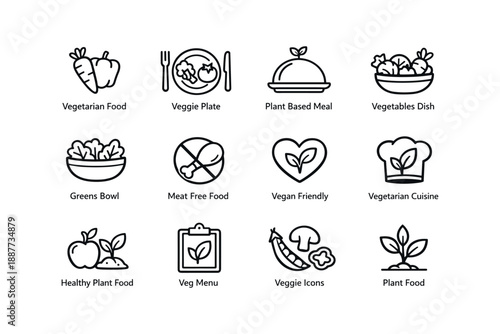 Vegetarian and vegan icons set featuring plant-based meals and dishes