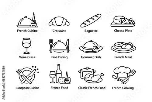 French cuisine icons: croissant, baguette, cheese plate, and wine glass illustrations