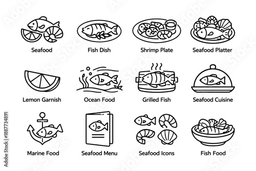 Seafood icons collection: fish, shrimp, and cuisine elements