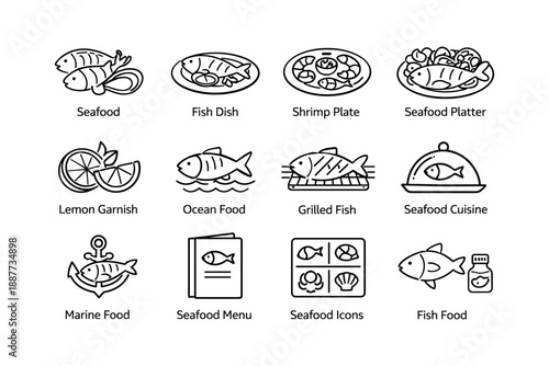 Seafood icon set: shrimp, fish, platter, lemon, ocean, grilled, cuisine, marine, menu, food