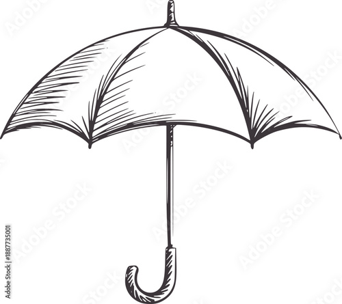 Hand drawn open umbrella with curved handle in style handdrawn monochrome grey