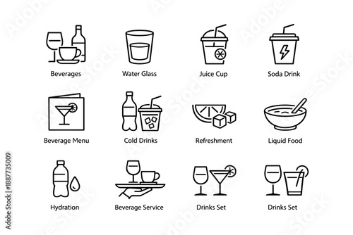 Beverage icons set: juice, water, soda, and drink symbols