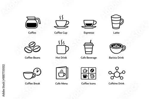 Coffee beverage icons: cup, espresso, latte, beans, drink, break, menu, caffeine, barista