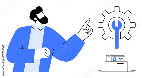 Recruitment concept. Recruitment tools illustrated with gear and wrench for process optimization, and CV file for candidate management. Recruitment for talent acquisition, HR tools, business hiring