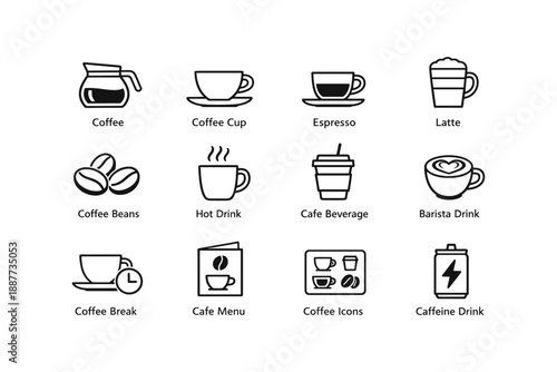 Coffee and cafe icon set featuring cups, beans, and beverages
