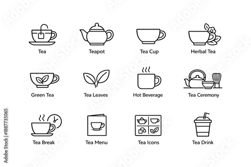 Tea line icons collection including cup, teapot, herbal, green tea, ceremony, and menu