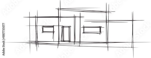 Minimalist architectural of a house with windows and door building lines