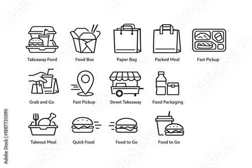 Takeaway food icons: burger, paper bag, drink, fast pickup, street vendor, meal box