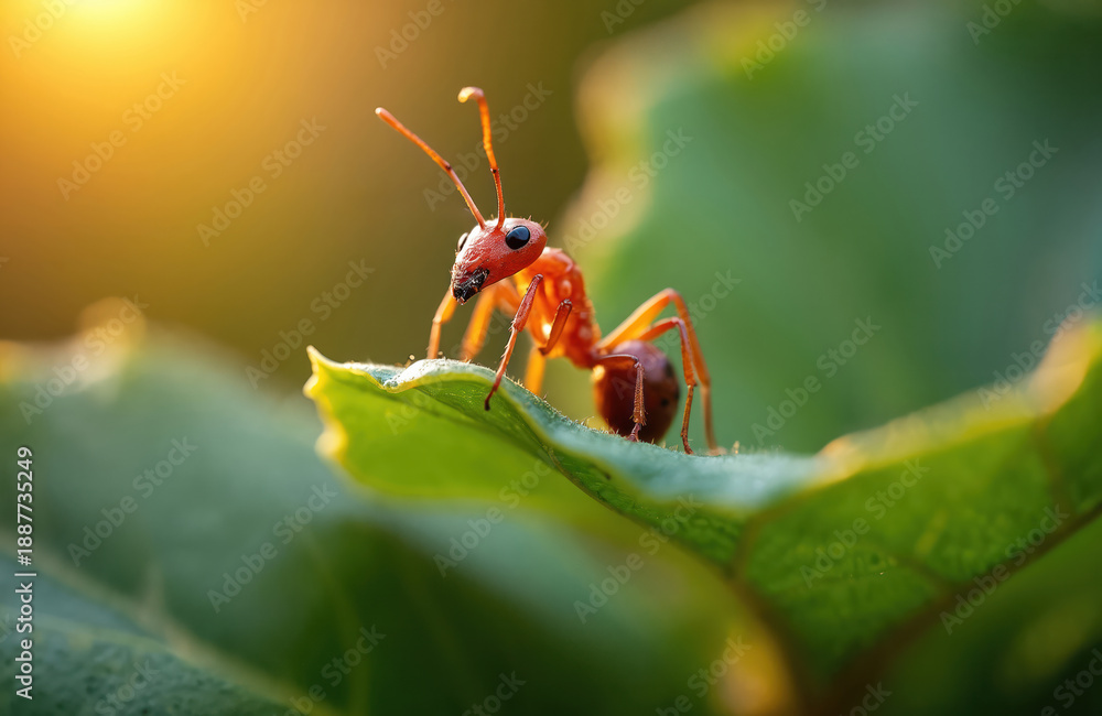 Obraz premium Closeup of bright red ant crawling on vibrant green leaf, illuminated by warm golden hour sunlight. Insect with segmented body and antennae explores flora, tiny detail in nature.