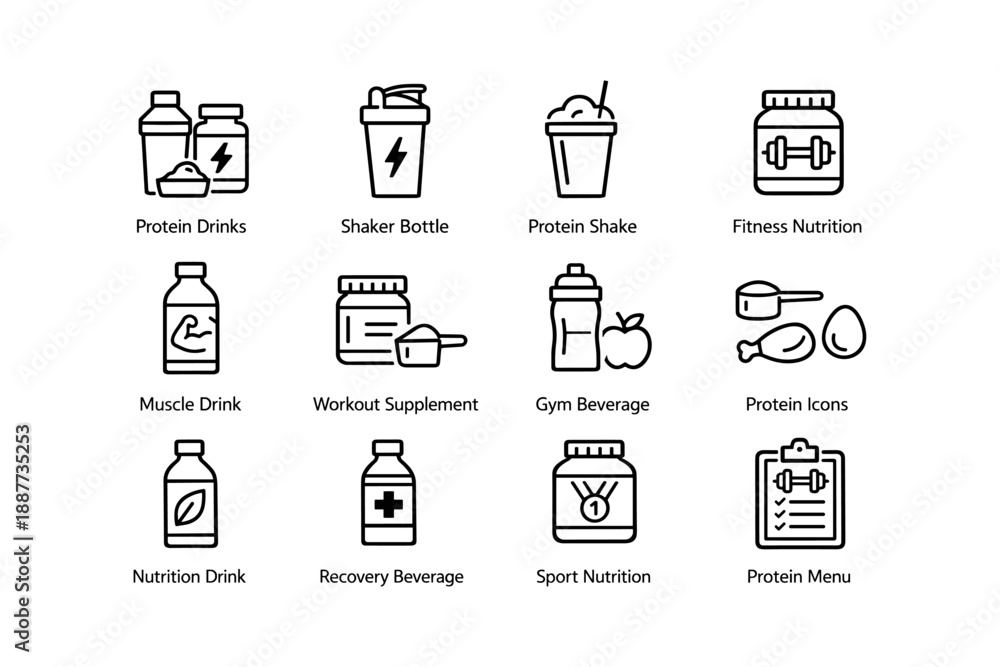 Fototapeta premium Fitness nutrition icons: protein drinks, shaker bottle, workout supplements