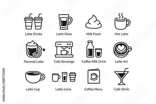 Cafe icons set: latte, milk foam, beverage, coffee, drink art