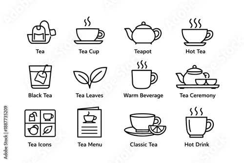 Tea icons and symbols: teapot, tea cup, leaves, ceremony, hot beverage