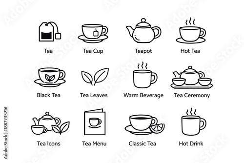Tea icons collection: teapot, cup, leaves, ceremony, menu