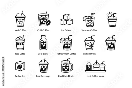 Assorted cold coffee icons: iced, cold brew, refreshing drinks, summer beverage designs