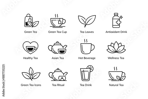 Variety of tea icons: green, asian, wellness, rituals, and natural teas