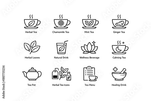 Herbal tea icons: chamomile, mint, ginger, wellness, healing, calming, natural drink
