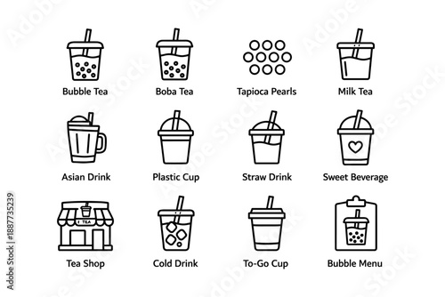 Bubble tea icons: boba, tapioca, milk tea, asian drink cup illustrations