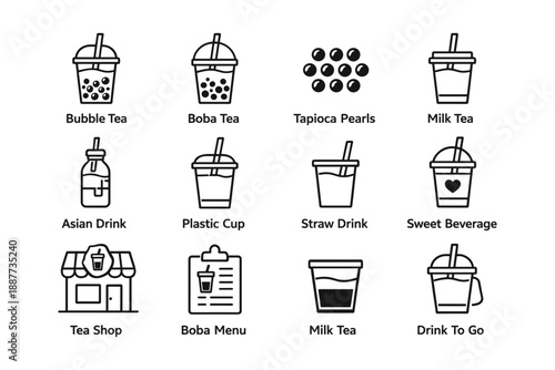 Boba tea icons collection: tapioca, milk tea, asian drink symbols