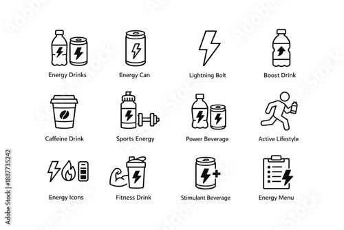 Icon set of energy drinks and active lifestyle symbols