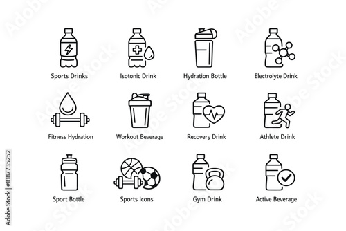 Collection of sports and hydration drink icons for active lifestyle