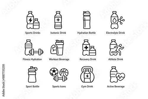 Black and white sports drink icon set for fitness and hydration