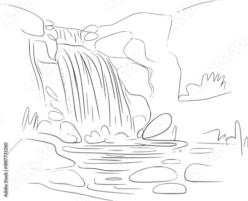 Minimalist line of a cascading waterfall flowing over rocks into a stream nature
