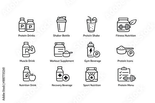 Protein supplement icon set: nutrition, fitness, workout, recovery symbols