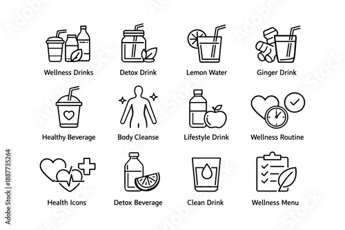 Wellness and detox icon set featuring drinks, health icons, and lifestyle elements