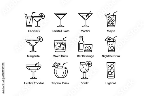 Variety of cocktail icons including martini, margarita, mojito, tropical drink, highball